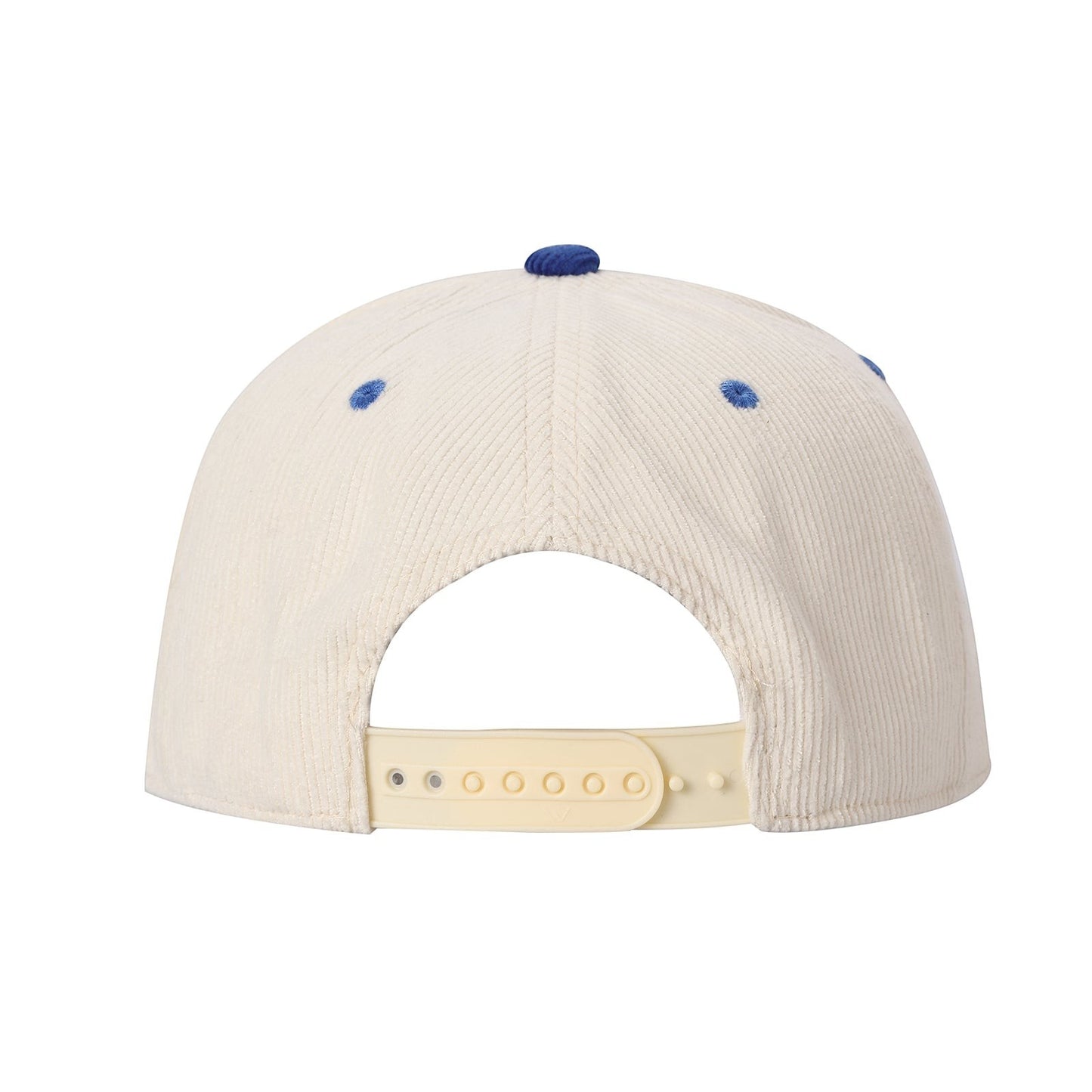 Waycap 5FC cream corduroy baseball cap with blue accents and adjustable snapback closure.