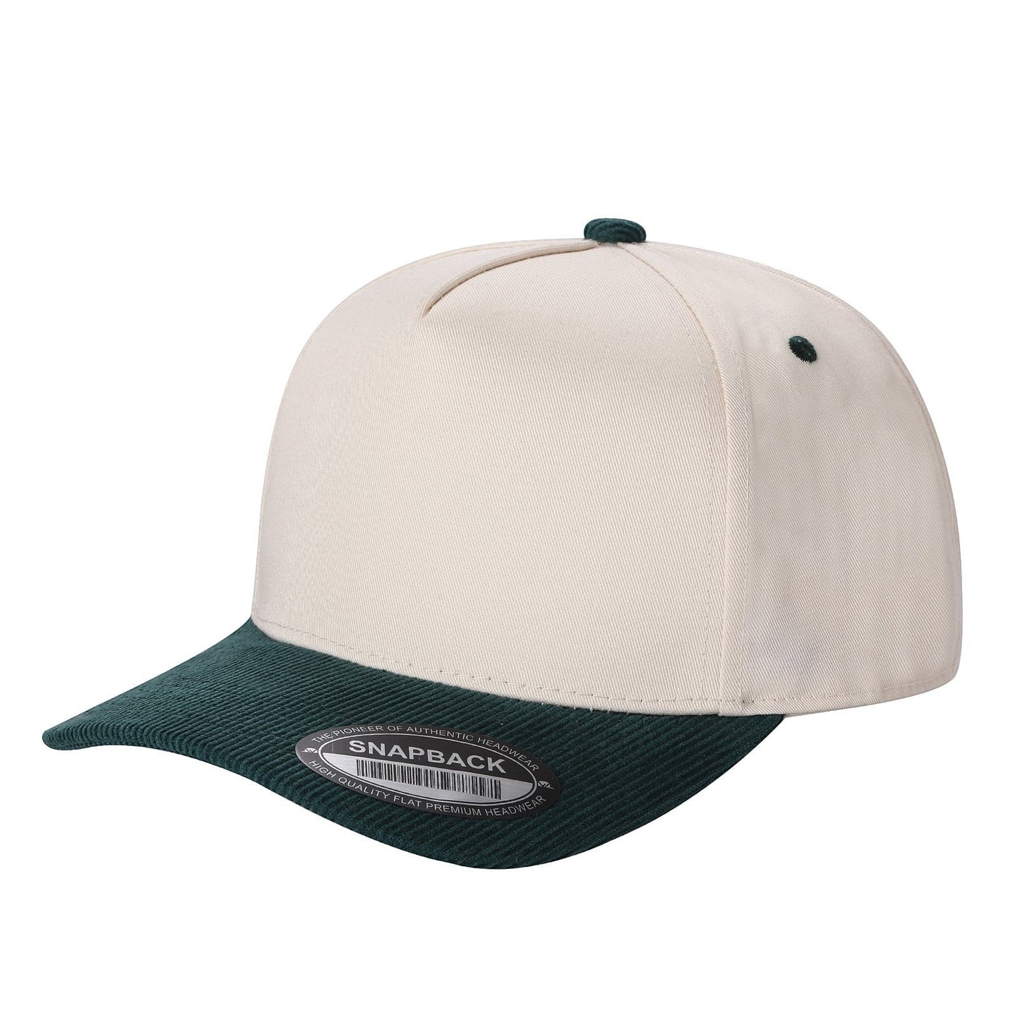 Waycap TCFC Corduroy Bill cap in cream with a dark green corduroy bill and button accent. Flat brim snapback style.