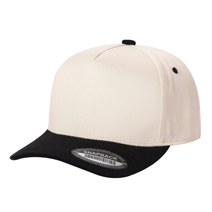 Waycap TCFC cream snapback cap with a black corduroy flat bill and black button detail.