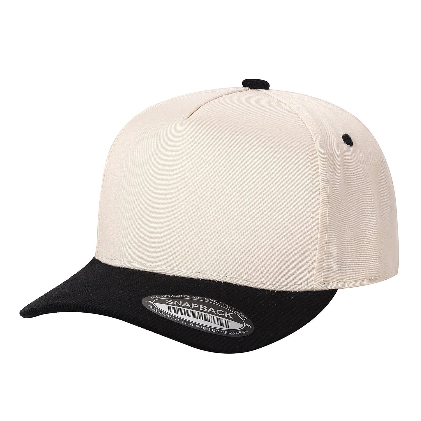 Waycap TCFC cream snapback cap with a black corduroy flat bill and black button detail.