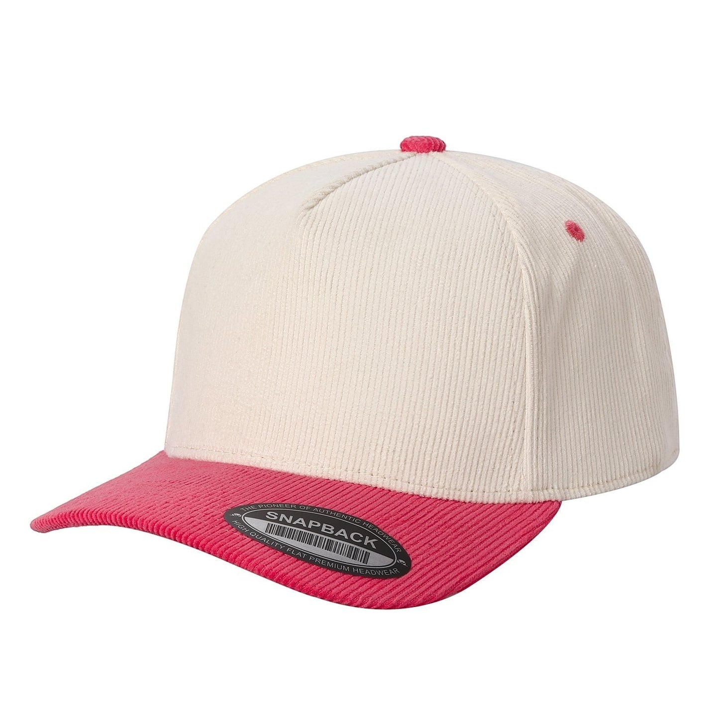 Waycap 5FC cream corduroy baseball cap with pink brim and button detail, snapback closure.