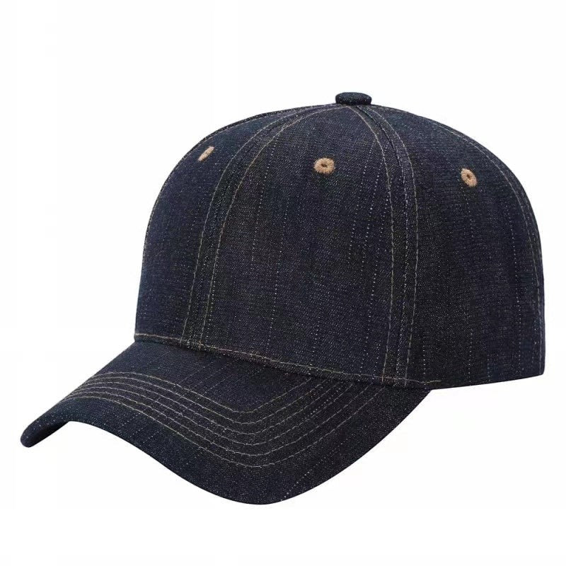 Waycap V1 dark wash denim baseball cap with adjustable Velcro closure and tan stitching. Casual style.