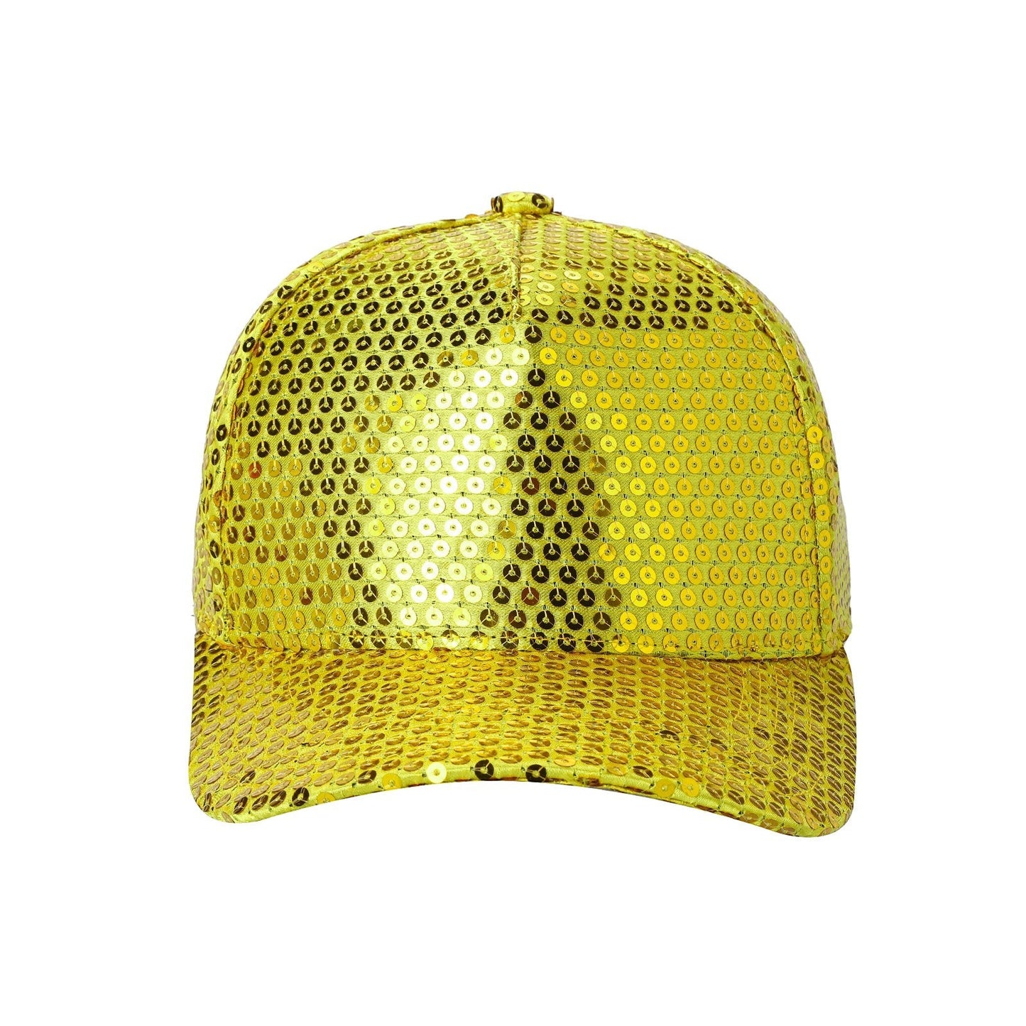 Waycap 5G Sequin Hat in dazzling gold sequins, a stylish baseball cap with an adjustable strap for a comfortable fit.