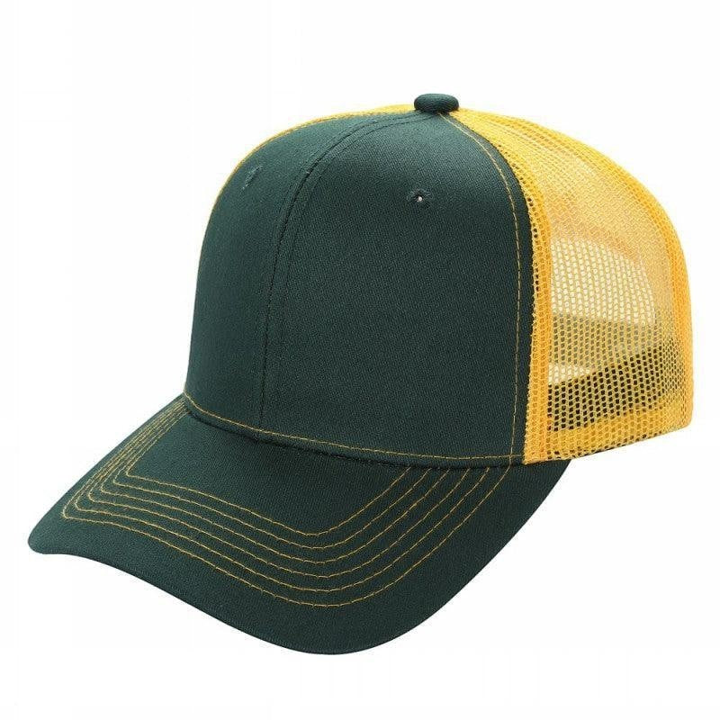 Waycap 6 Panel Curve Trucker Mesh Hat in dark green with yellow mesh back and brim stitching.