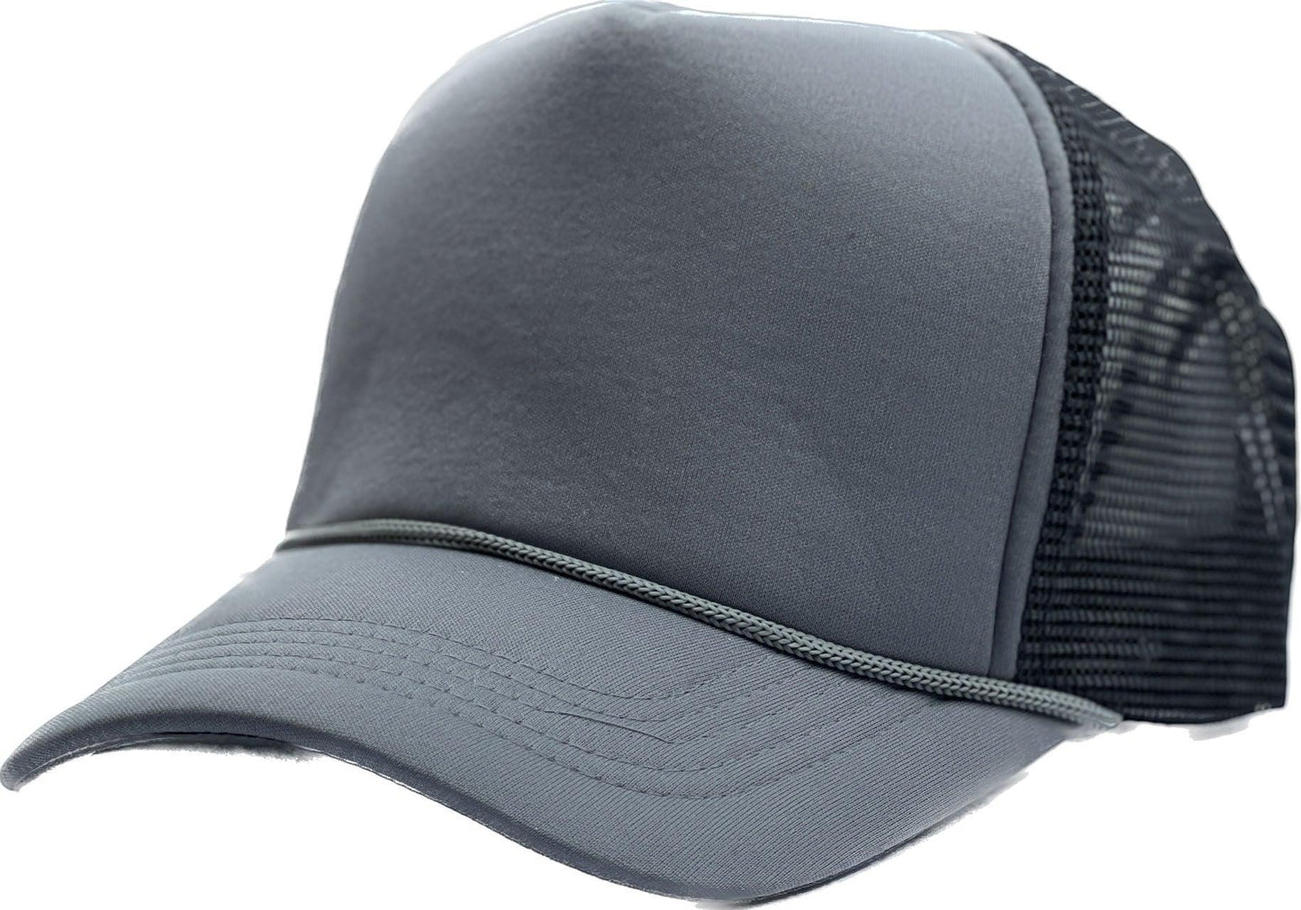 Waycap foam front trucker hat in dark grey with black mesh back and adjustable snapback closure.