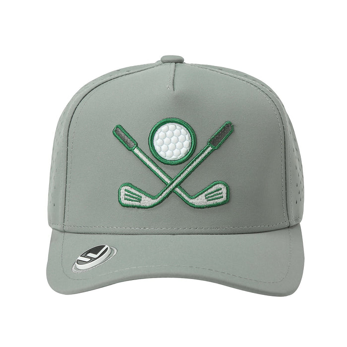 Waycap 5GOLF grey 5-panel waterproof polyester golf cap with embroidered crossed clubs and ball logo. Features laser-cut perforations and snapback closure.
