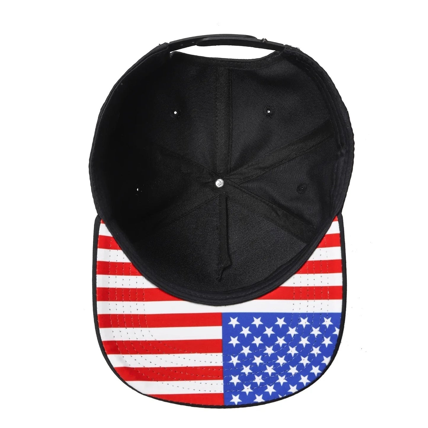 Waycap INC black 5-panel snapback cap with an American flag print under the brim. Adjustable plastic snap closure.
