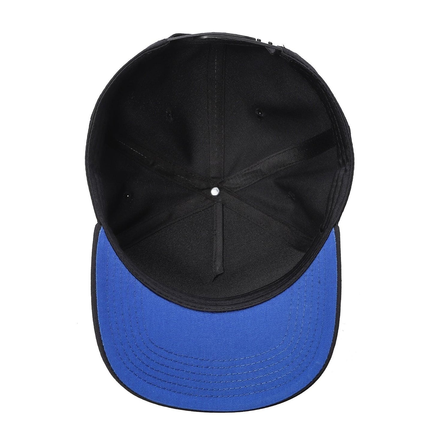 Waycap INC black 5-panel snapback cap with a contrasting royal blue brim and adjustable snap closure.