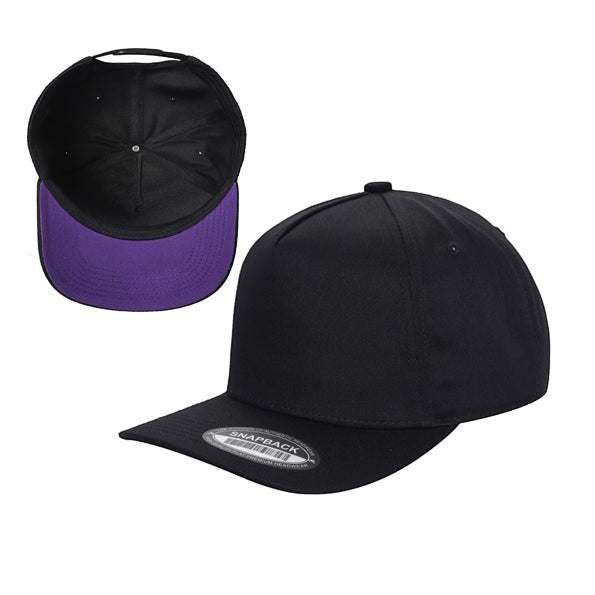 Waycap INC black 5-panel snapback cap with purple underbrim, made of 35% cotton and 65% polyester.