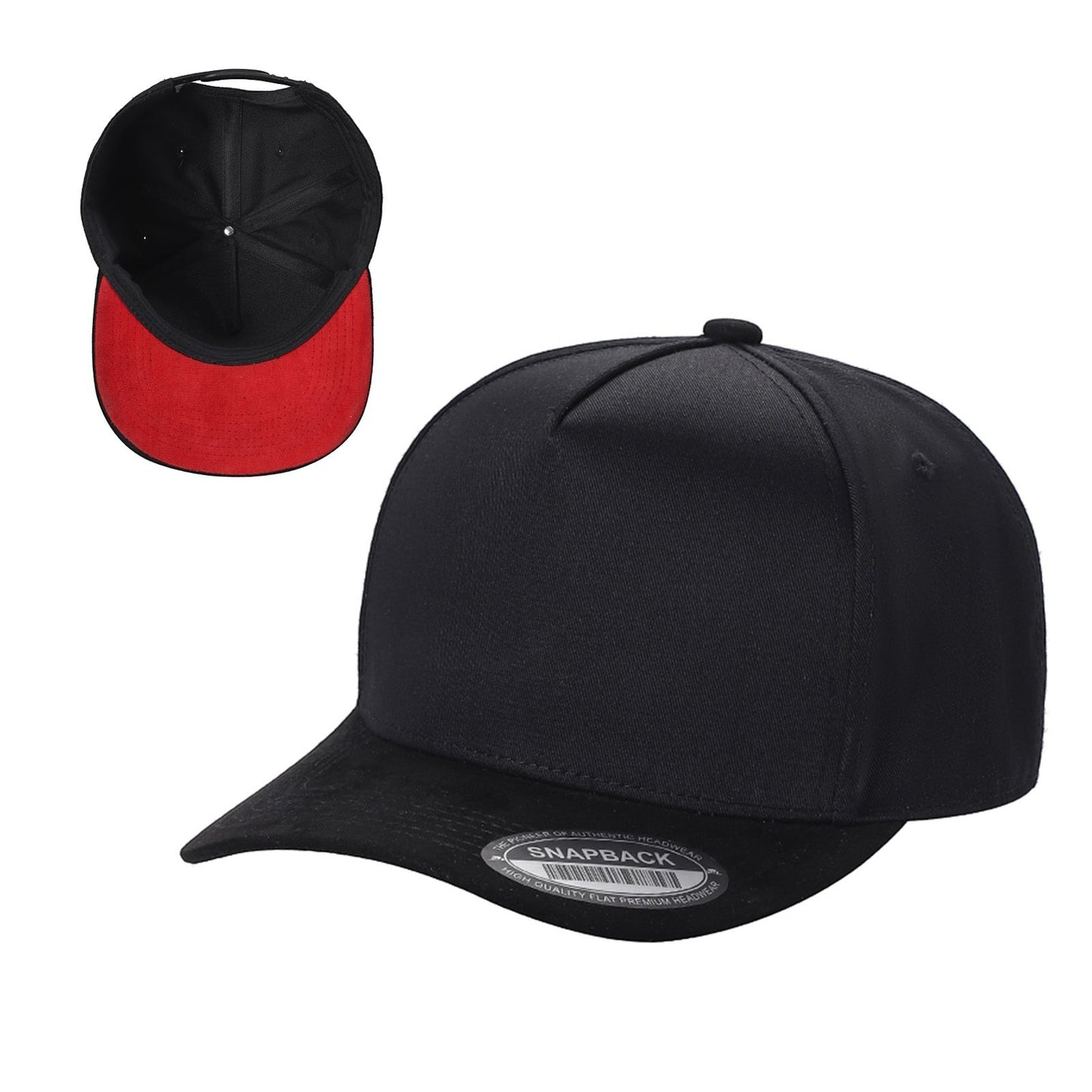 Waycap INC black 5-panel snapback cap with a red underbrim and adjustable snap closure. Made from a cotton-polyester blend.