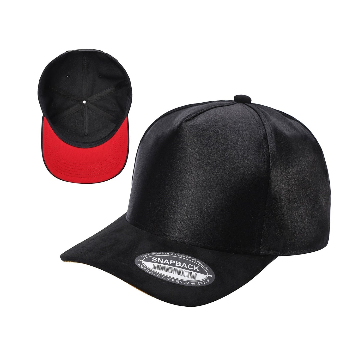 Waycap INC black satin snapback cap with a contrasting red suede bill and adjustable strap. Features a smooth satin crown and textured bill.