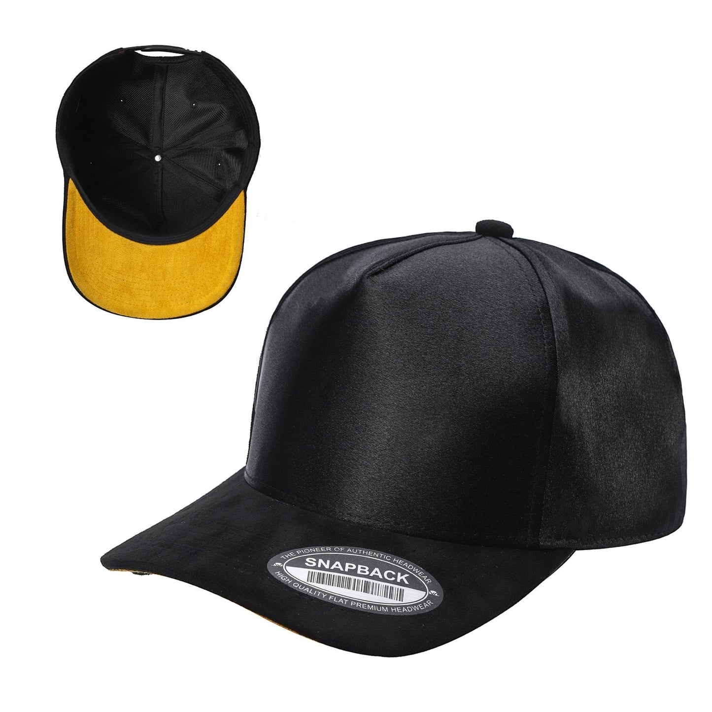 Waycap INC black satin snapback cap with a contrasting yellow suede bill and adjustable strap. Classic urban style.