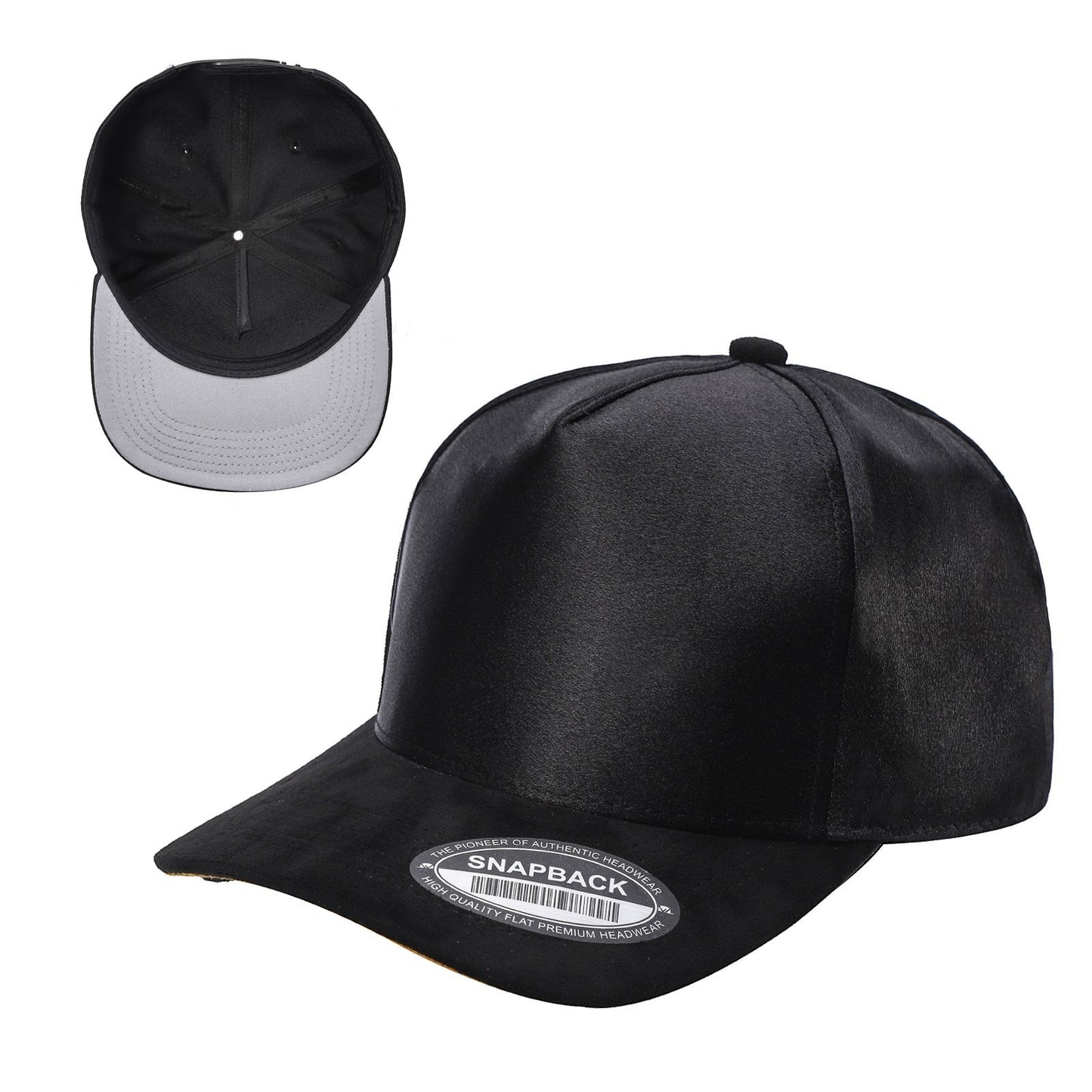 Waycap INC black satin snapback cap with suede bill and adjustable strap. Classic flat brim design.