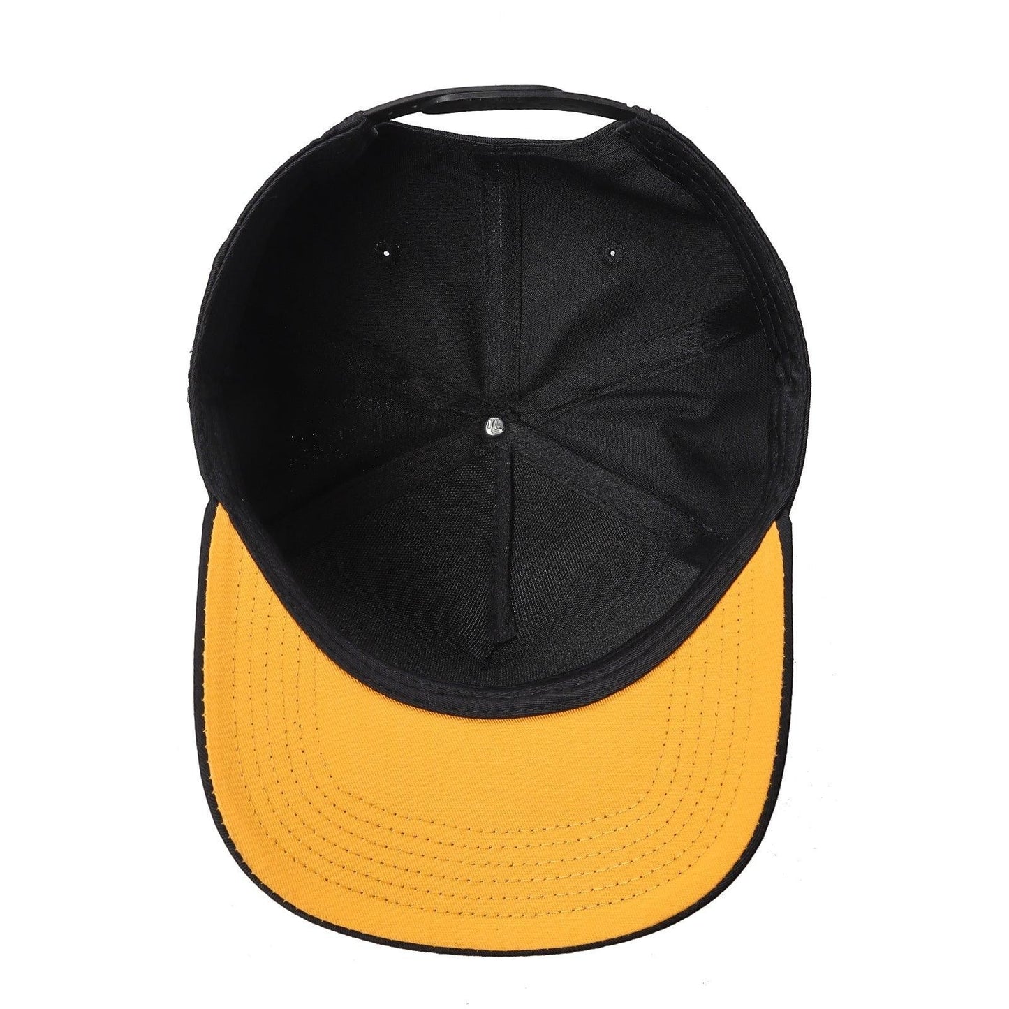 Waycap INC black 5-panel Tencel snapback cap with a yellow brim. Adjustable snapback closure.