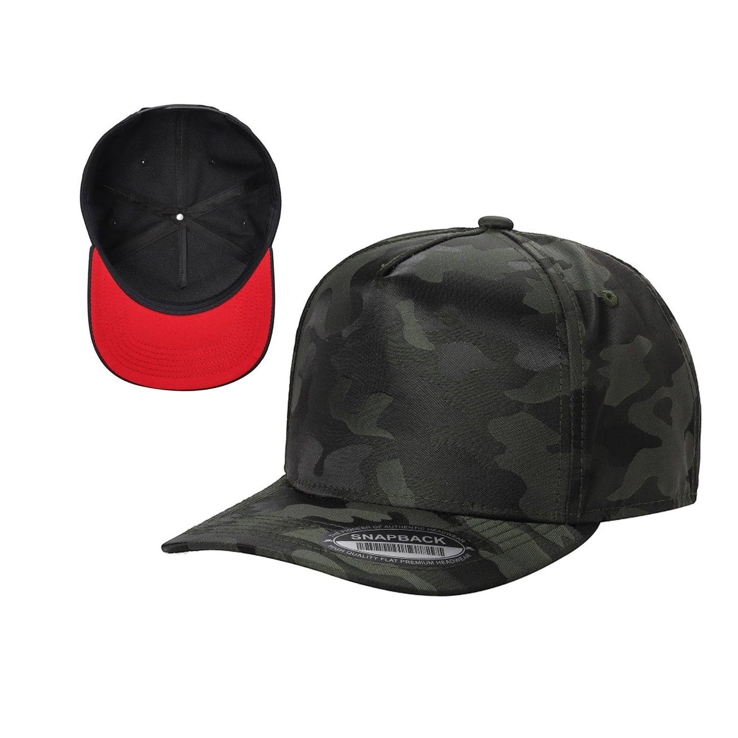 Waycap INC 5-panel camouflage snapback cap with a red underside brim and black interior.