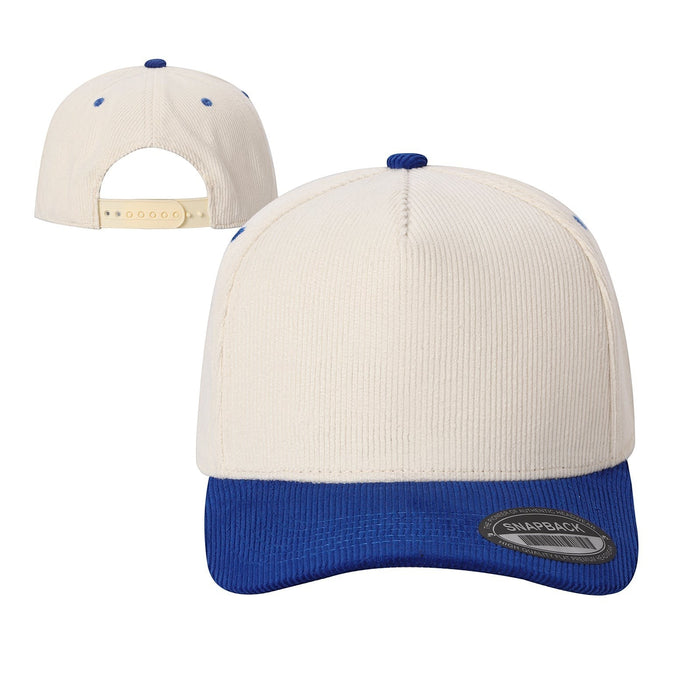 Waycap INC cream corduroy baseball cap with blue brim and button, adjustable snapback closure.