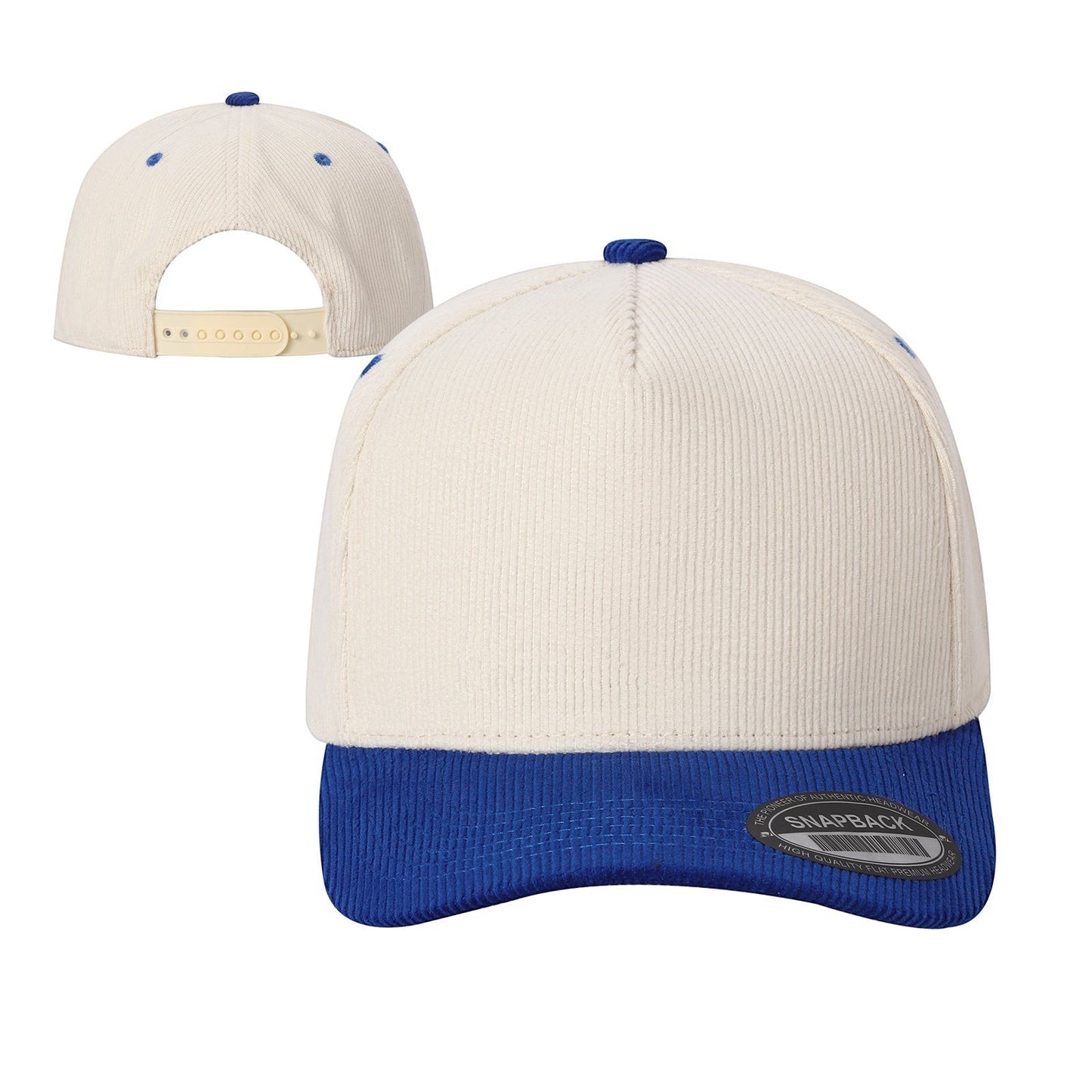 Waycap INC cream corduroy baseball cap with blue brim and button, adjustable snapback closure.