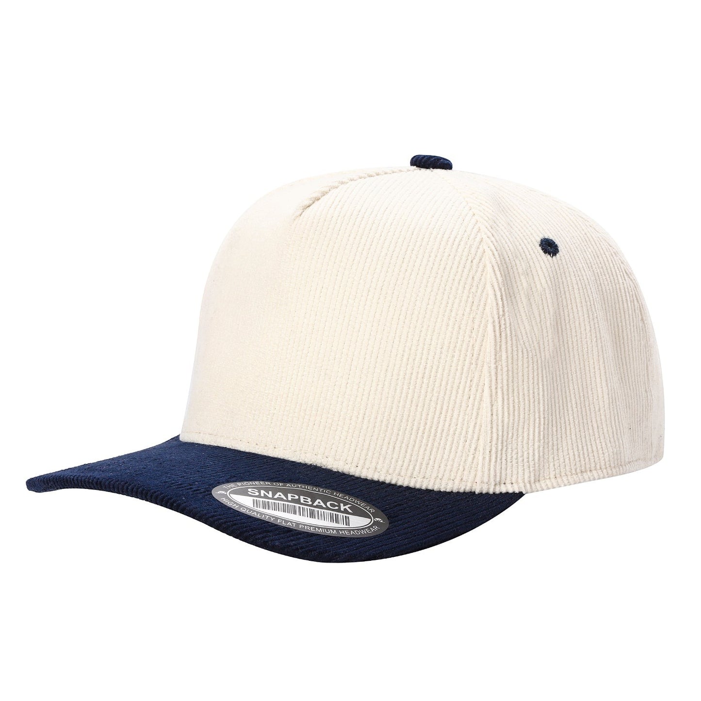 Waycap INC cream corduroy baseball cap with navy blue brim and snapback closure.