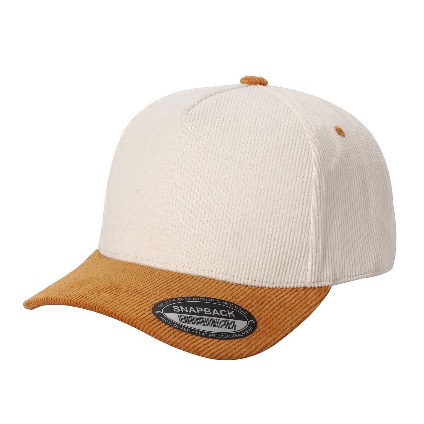 Waycap INC cream corduroy baseball cap with tan corduroy brim and snapback closure.