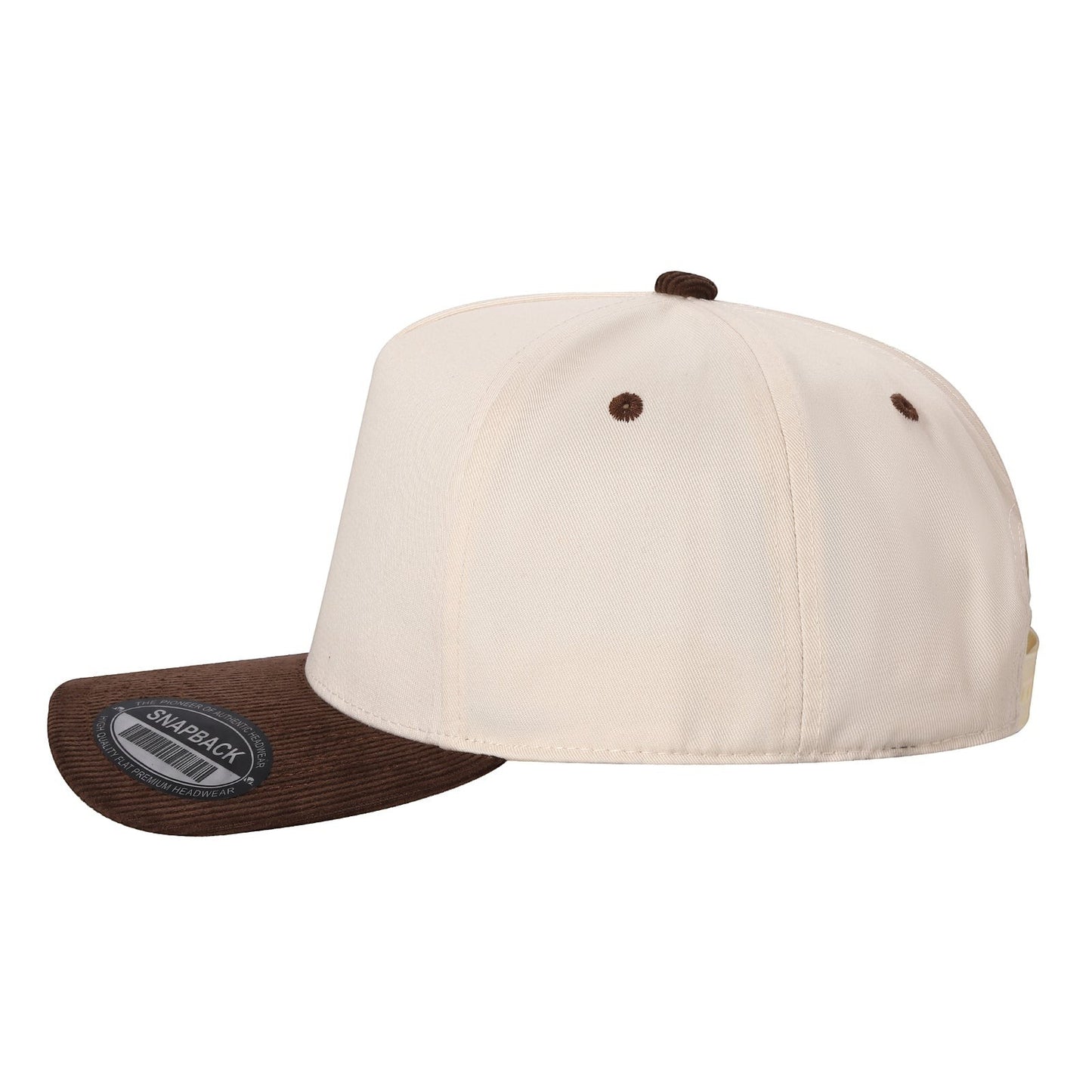 Waycap INC cream canvas snapback cap with brown corduroy bill and eyelets. Flat brim.