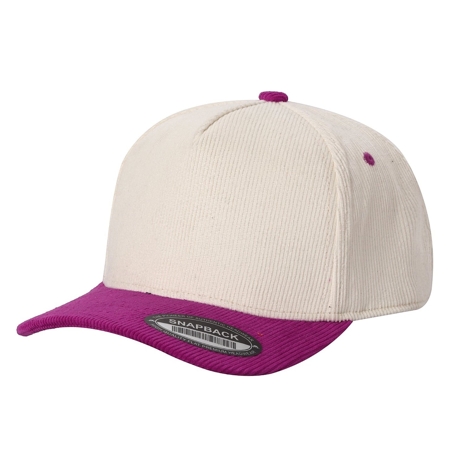 Waycap Inc. cream corduroy baseball cap with a magenta brim and button. Features a classic snapback closure.