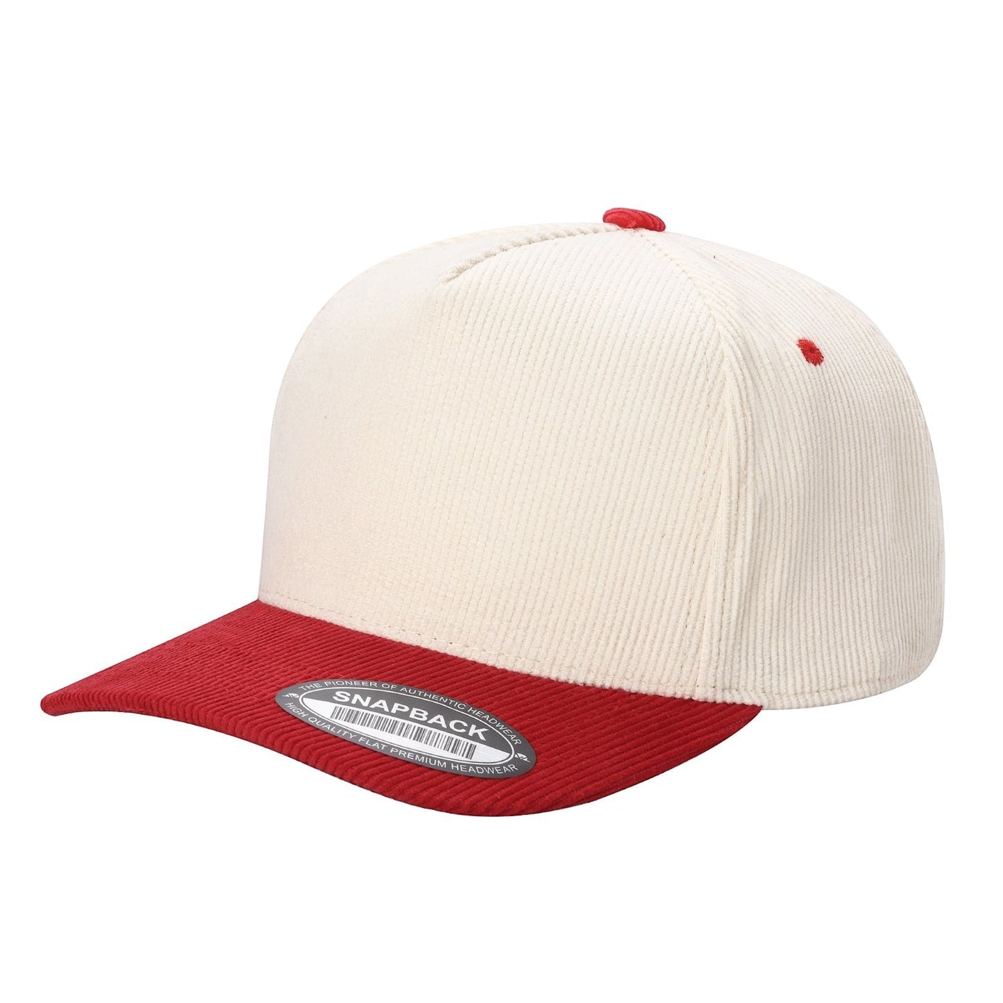 Waycap INC cream and red corduroy baseball cap with snapback closure and flat brim.