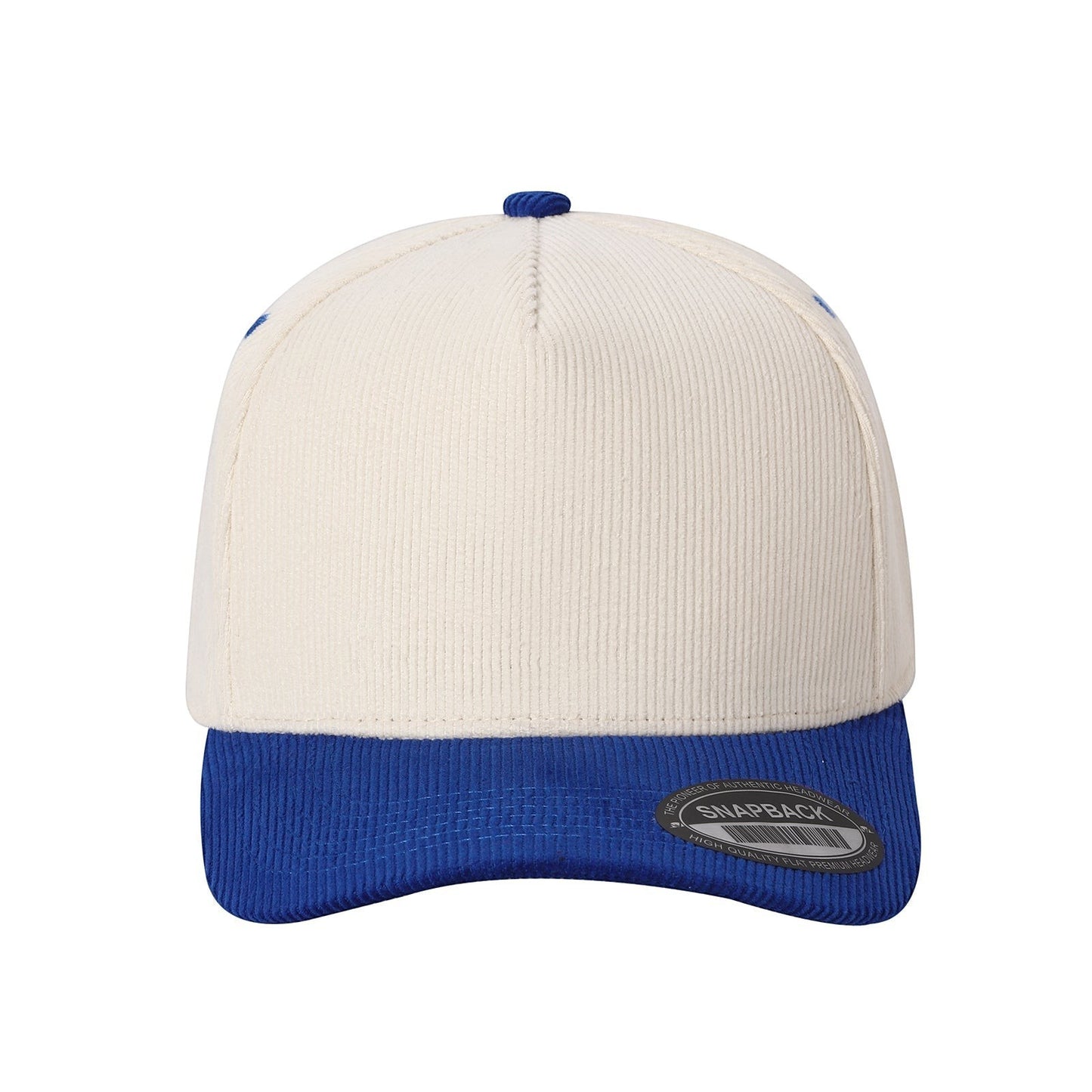 Waycap INC cream corduroy baseball cap with royal blue brim and snapback closure.