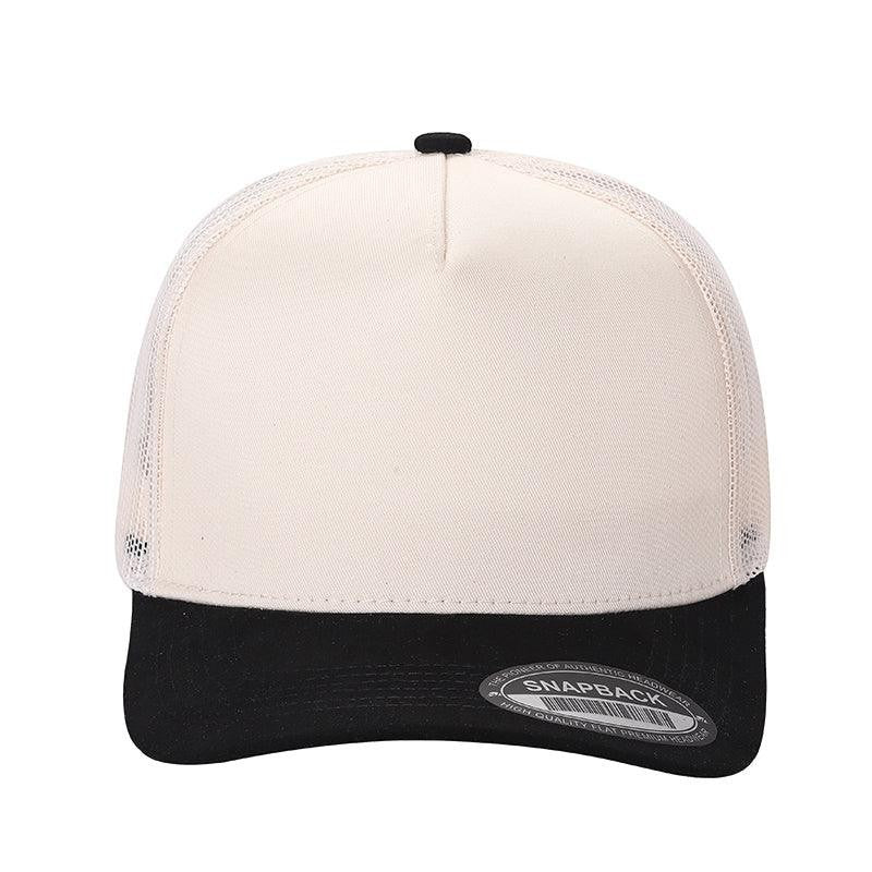 Waycap INC cream trucker hat with black suede bill and mesh back, adjustable snapback closure.