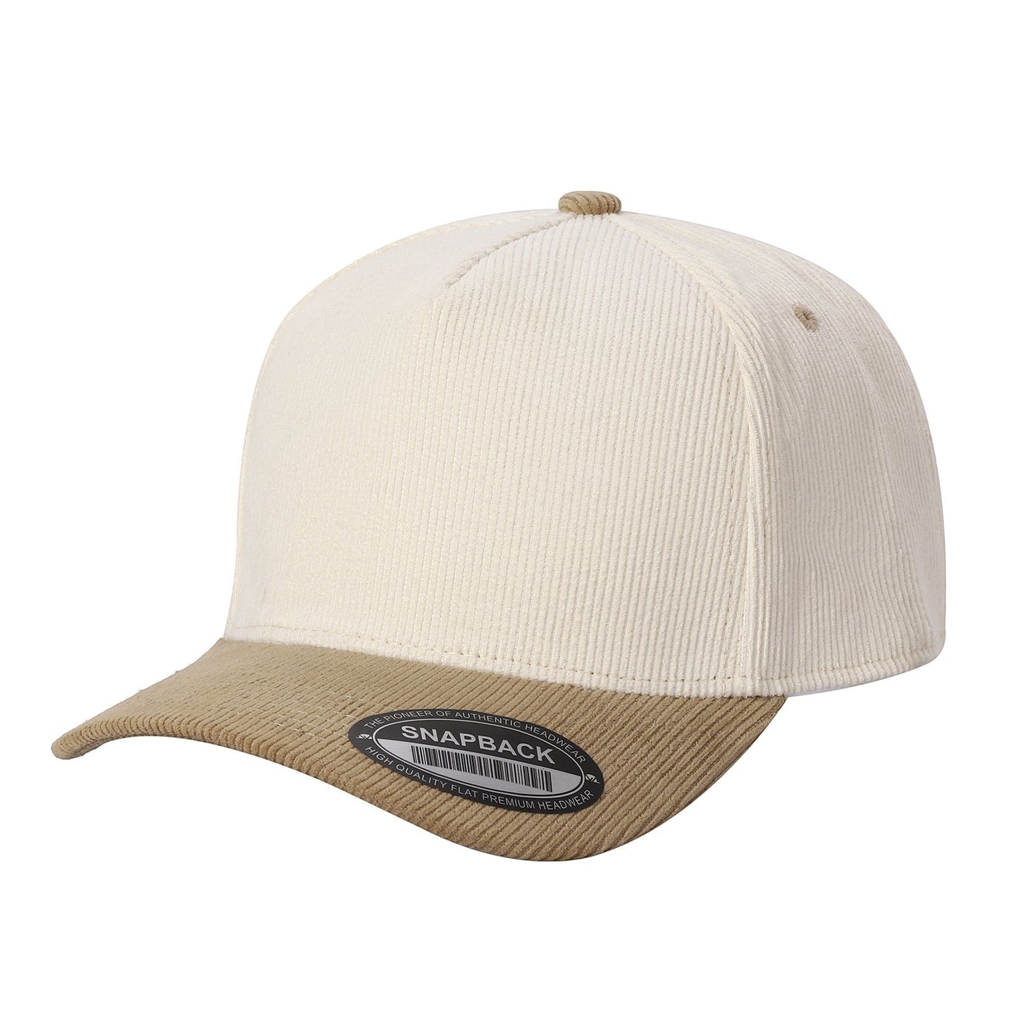 Waycap INC two-tone corduroy baseball cap in cream and tan with snapback closure.