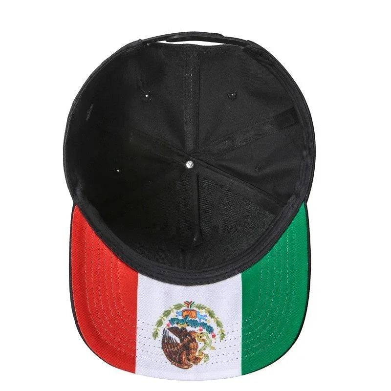 Waycap INC black 5-panel snapback cap with Mexican flag design on the brim and embroidered coat of arms.