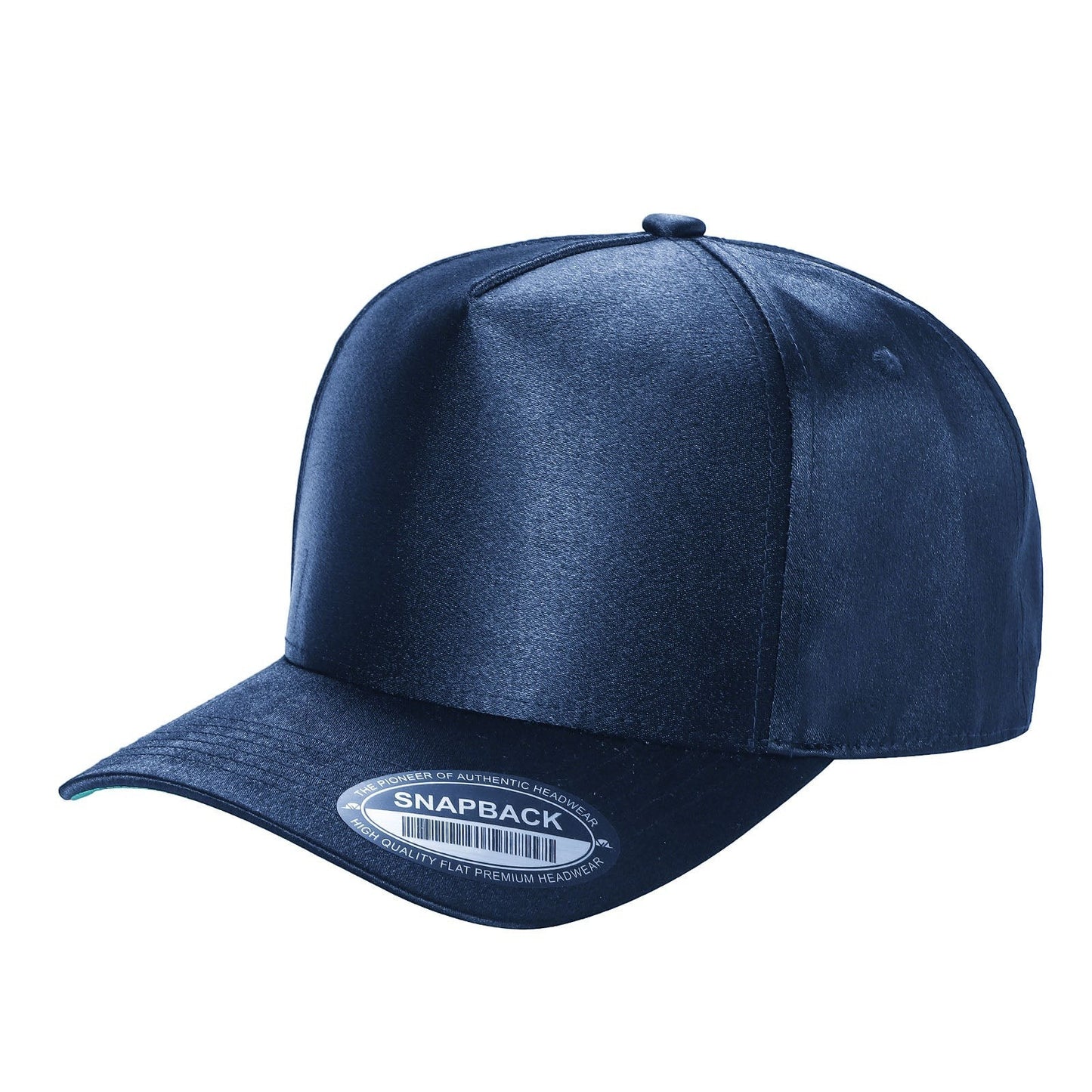 Waycap INC navy blue satin snapback cap with a contrasting suede bill and adjustable strap. Classic baseball hat style.