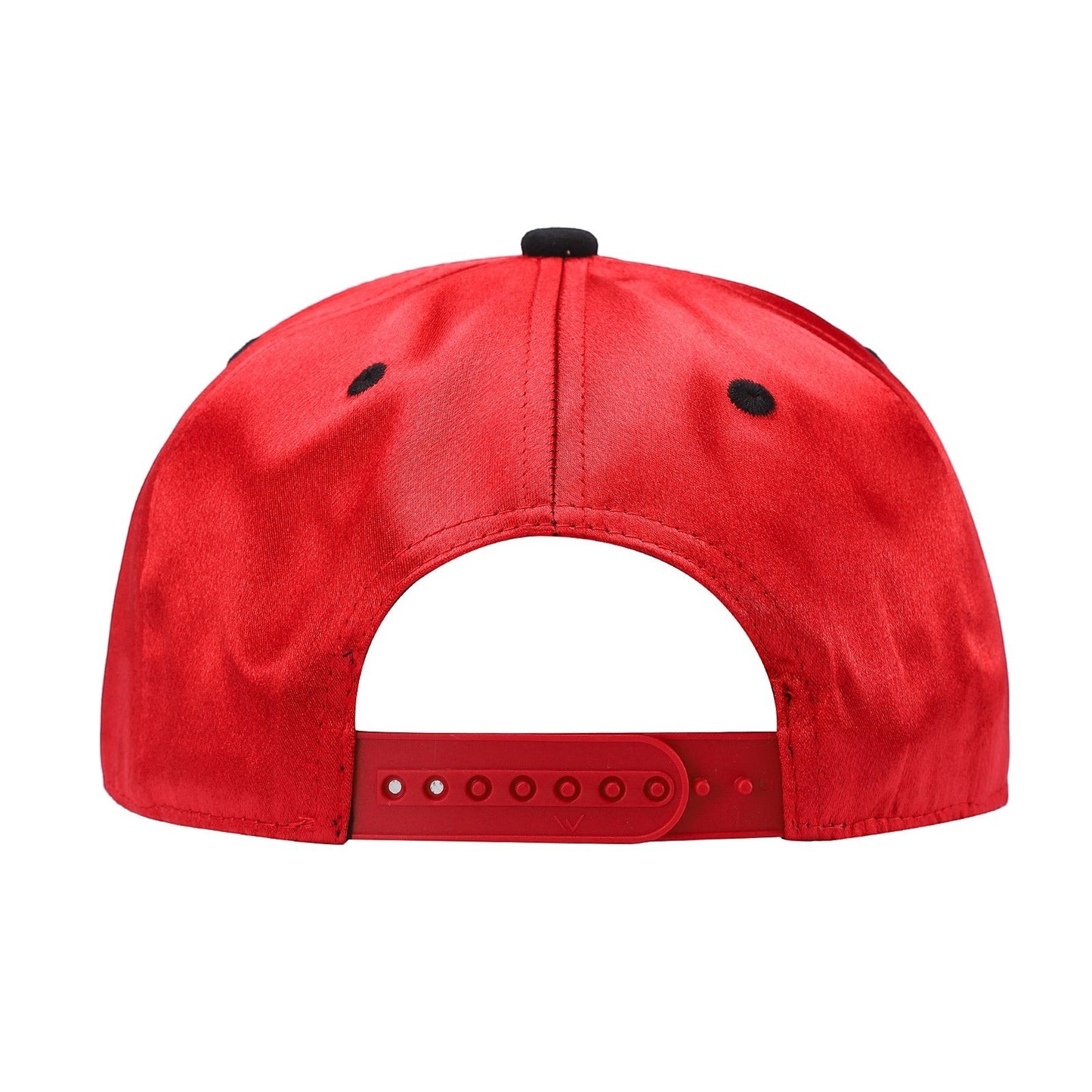 Waycap INC red satin snapback cap with black accents and adjustable strap. Suede bill detail.