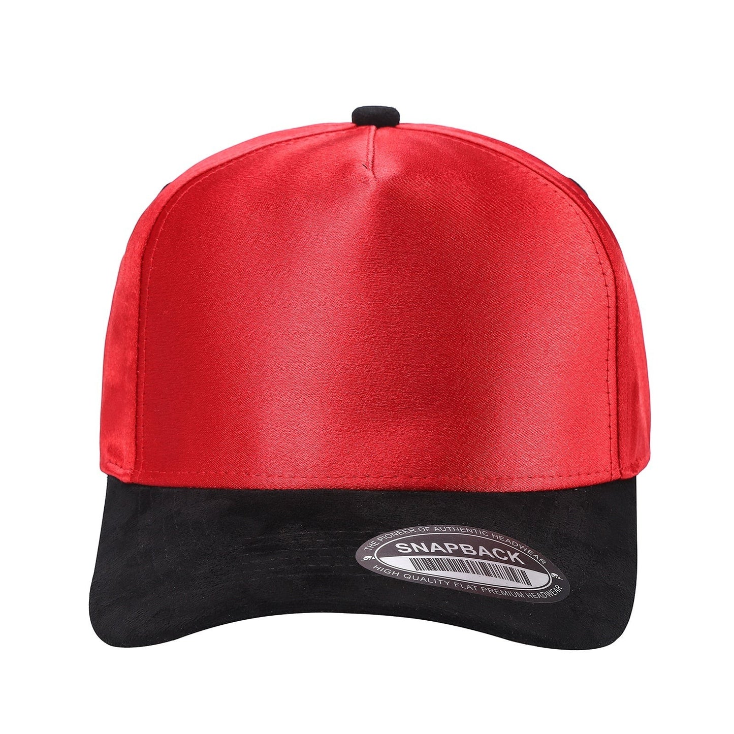 Waycap INC red satin snapback cap with a black suede bill and adjustable strap
