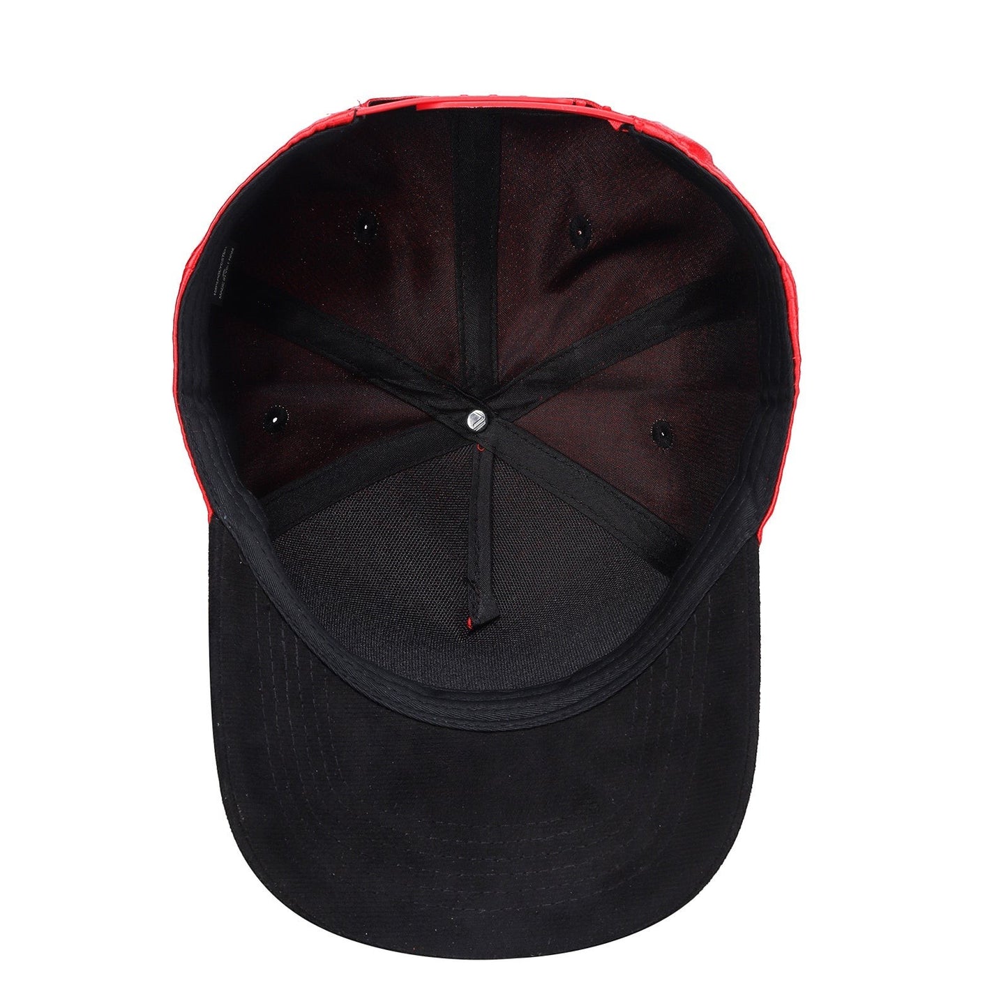 Waycap INC red satin snapback cap with black suede bill and adjustable strap
