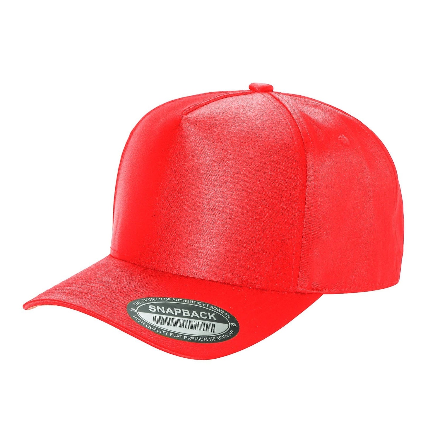 Waycap INC red satin snapback cap with a contrasting suede bill and adjustable strap. Classic baseball hat style.