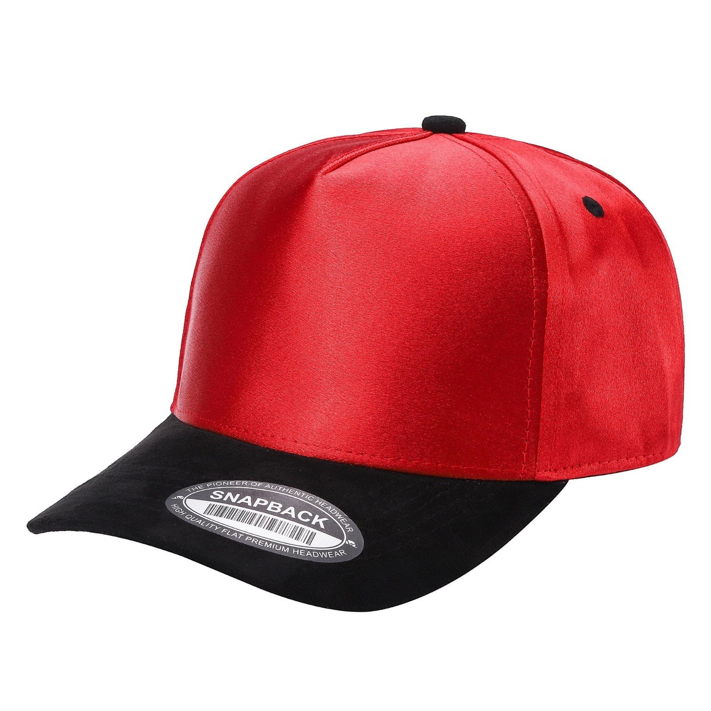 Waycap INC red satin snapback cap with a black suede bill and adjustable strap. Urban style headwear.