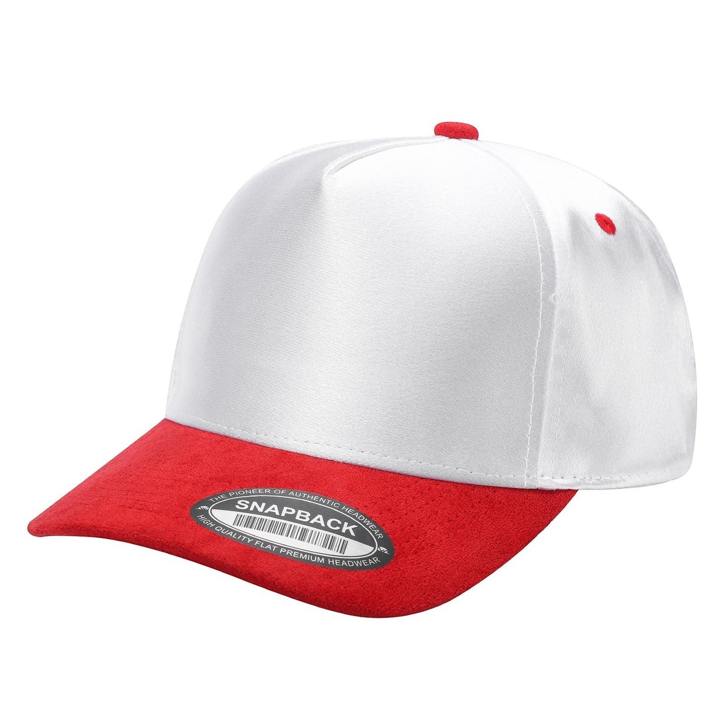 Waycap INC white satin snapback cap with red suede bill and red button detail. Adjustable fit.