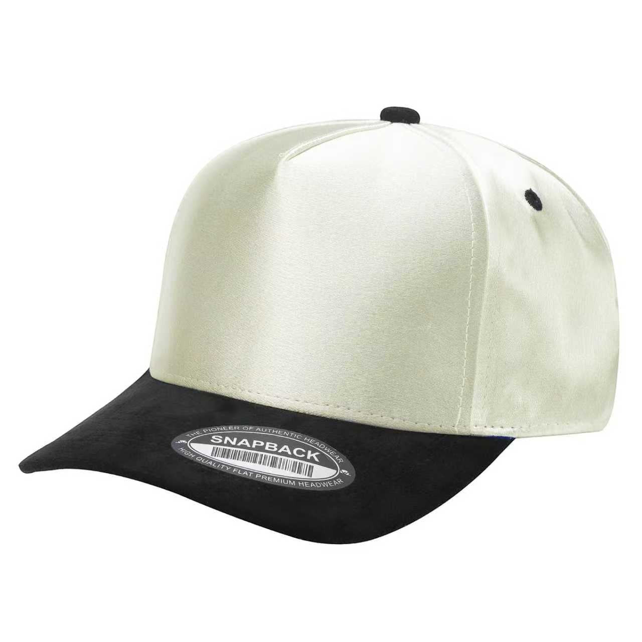 Waycap INC cream satin snapback cap with black suede bill and adjustable snap closure.