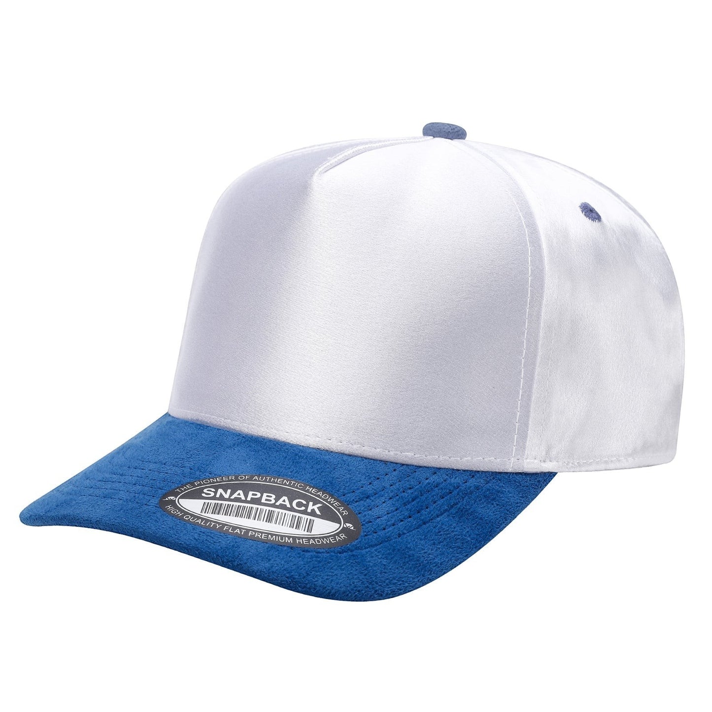 Waycap INC white satin snapback cap with a royal blue suede bill and a blue button on top.