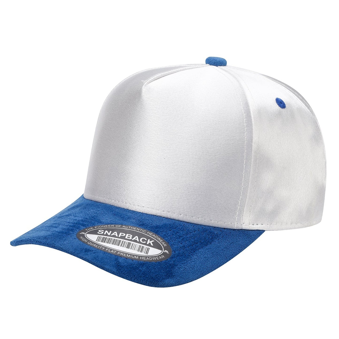 Waycap INC white satin snapback cap with a royal blue suede bill and matching button detail. Adjustable strap for a custom fit.