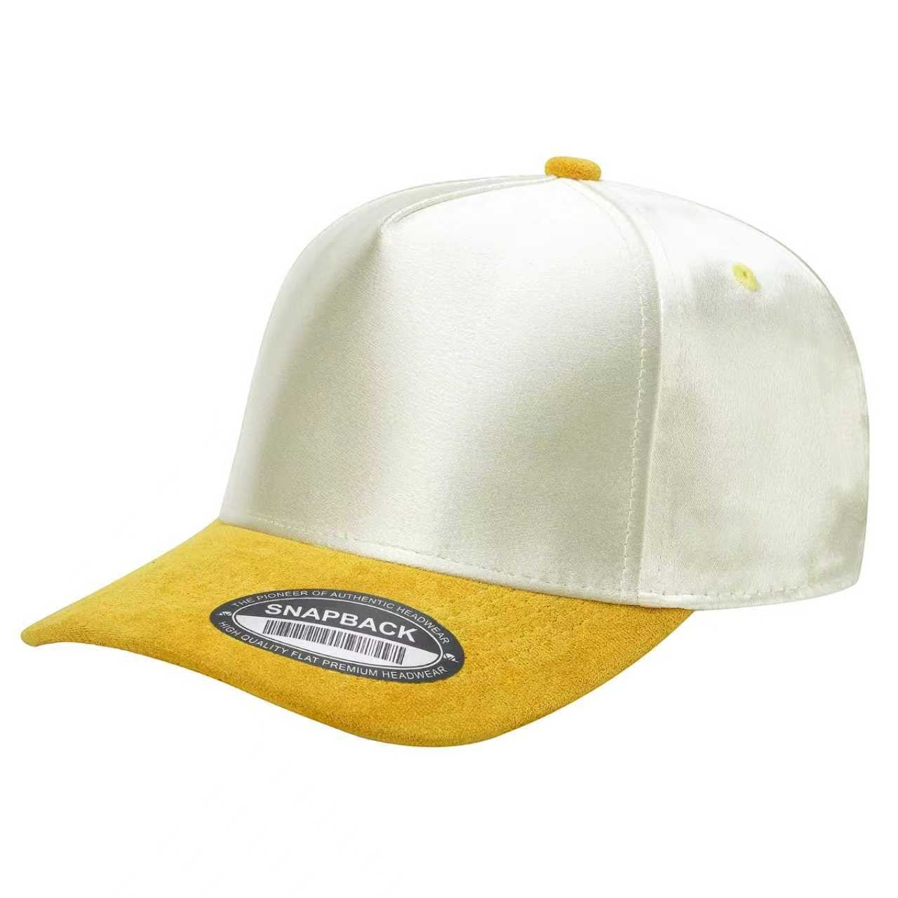 Waycap INC white satin snapback cap with yellow suede bill and yellow button on top.