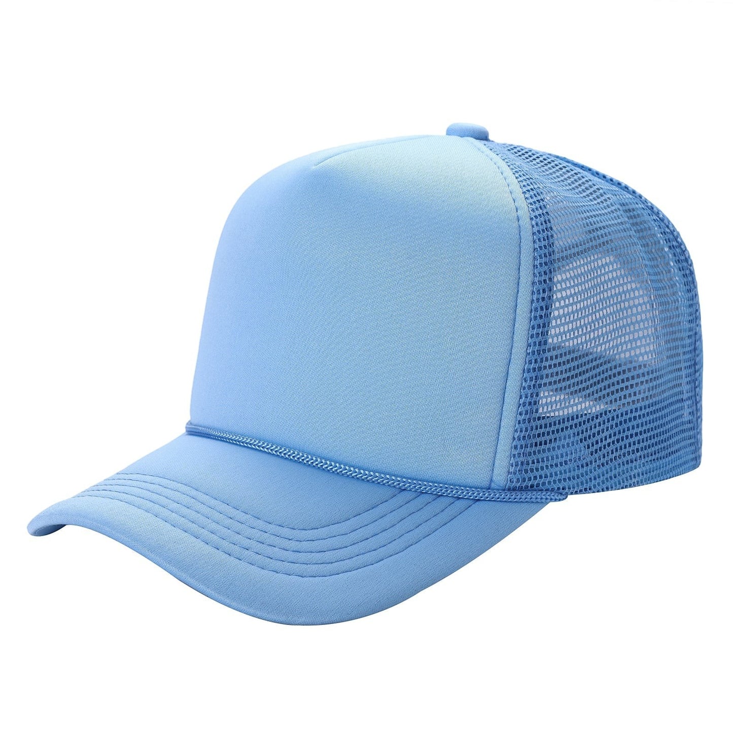 Waycap Sponge trucker hat in light blue with foam front panel and mesh back. Features a rope detail across the brim and an adjustable snapback closure.