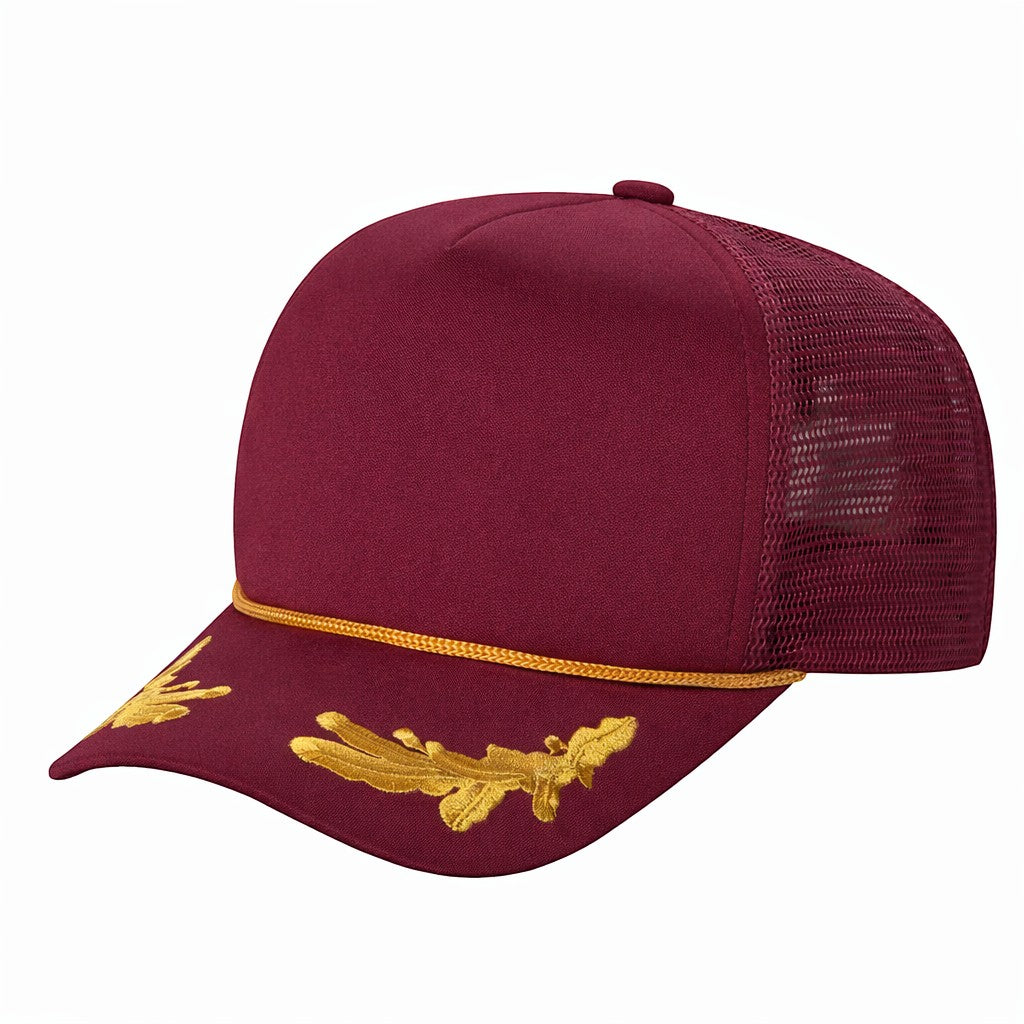 Waycap S.T.M. Sponge Captain trucker cap in maroon with gold embroidery on the brim and a mesh back.