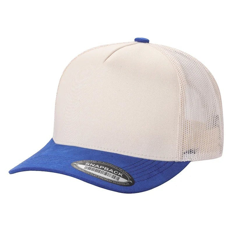 Waycap Mesh trucker hat with a cream front panel and blue suede bill. Features a breathable mesh back and adjustable snapback.