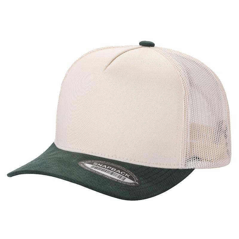 Waycap Mesh trucker hat with cream front panel, dark green suede bill, and white mesh back. Adjustable snapback closure.