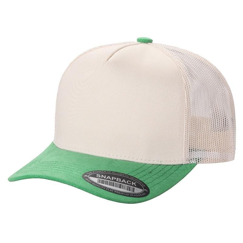 Waycap Mesh trucker hat with cream front panel, green suede bill, and white mesh back. Features adjustable snapback closure.