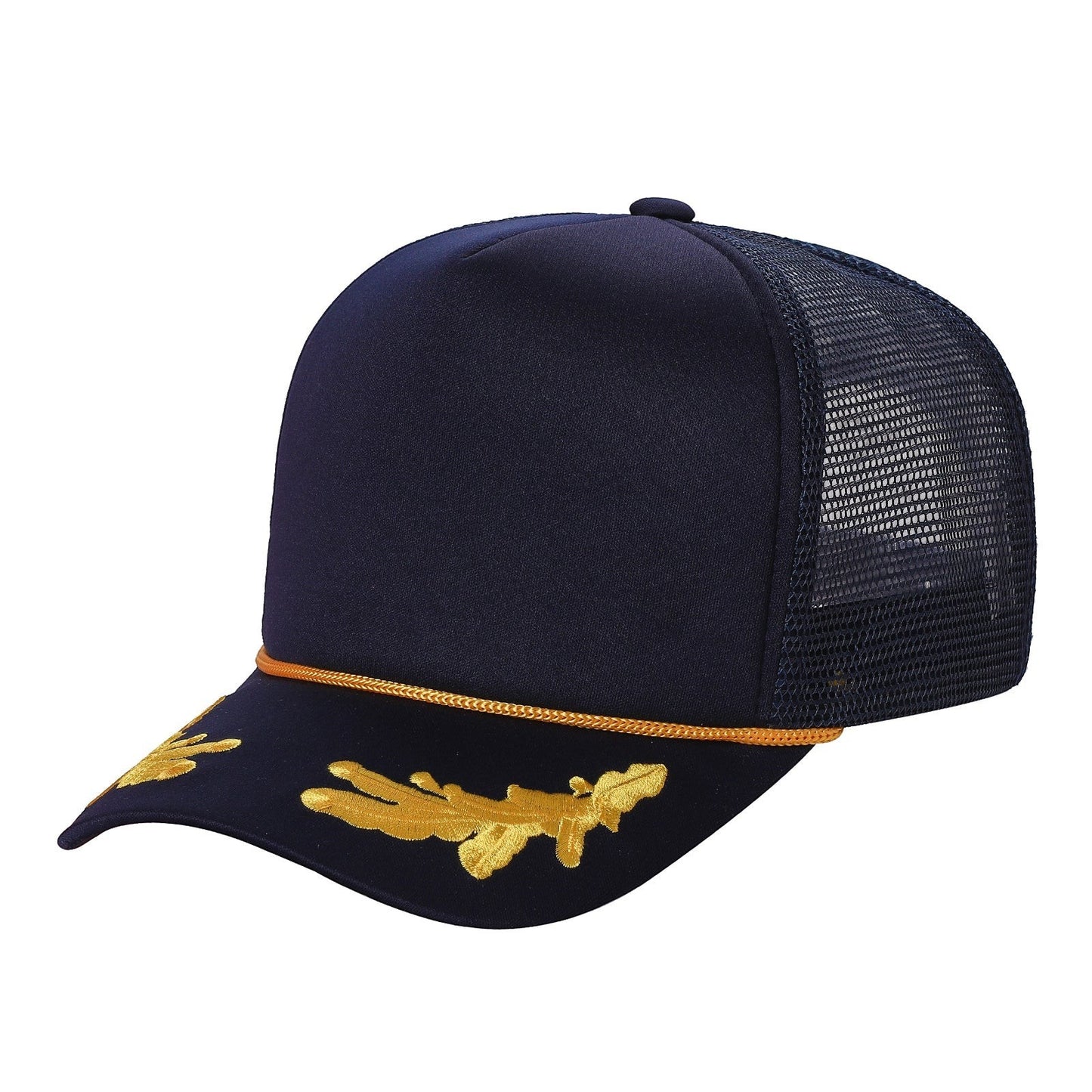 Waycap sponge trucker hat in navy blue with gold embroidery on the brim and a mesh back.