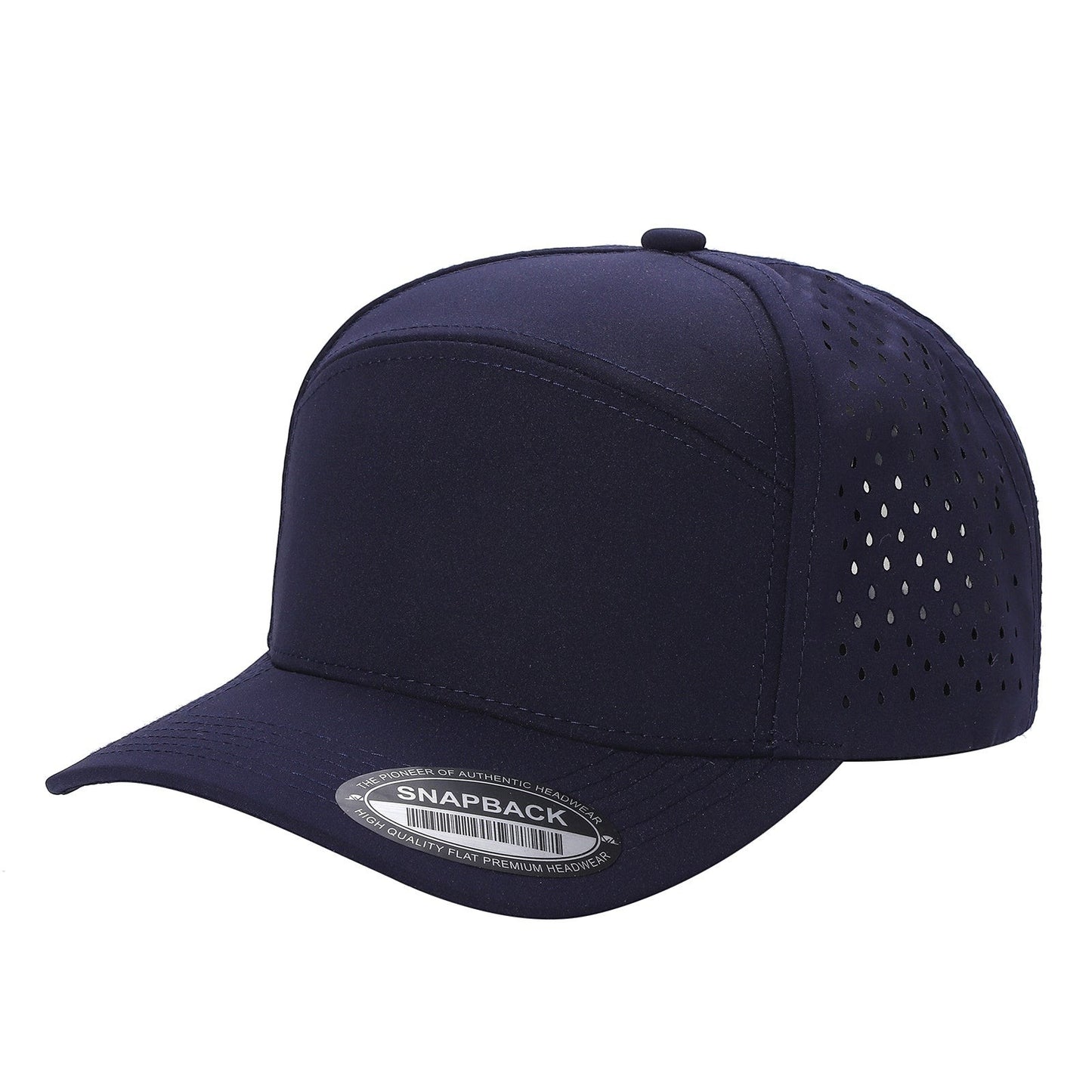 Waycap 6WP navy blue six-panel snapback hat with laser-cut vents on sides and back, flat brim.