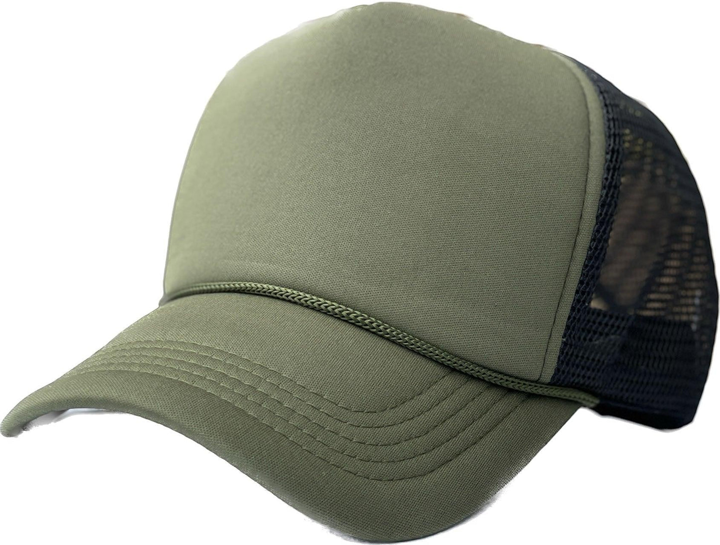 Waycap Sponge foam trucker hat in olive green with black mesh back and adjustable snapback closure.