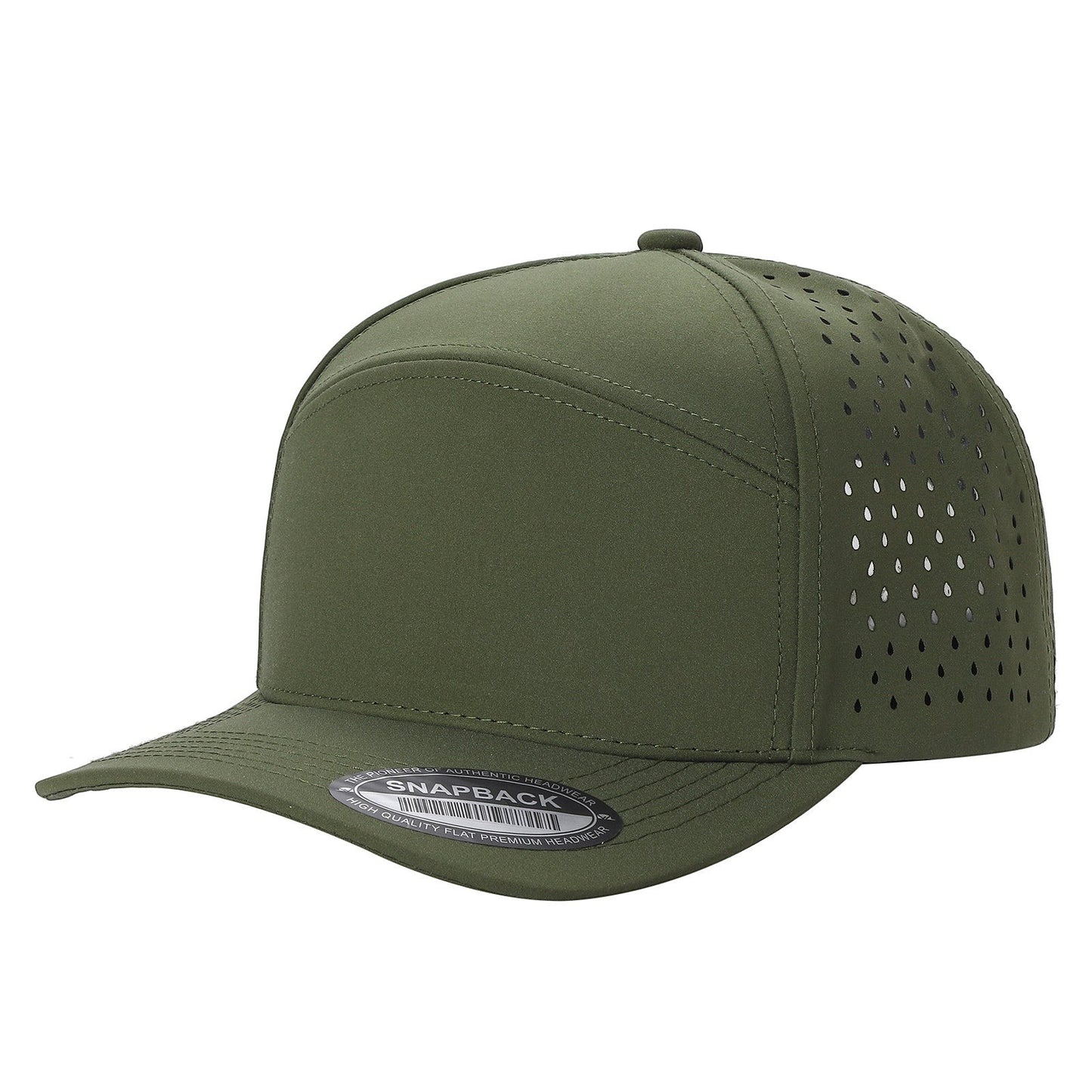 Waycap 6WP olive green six-panel snapback hat with laser-cut perforations on sides and back for ventilation.